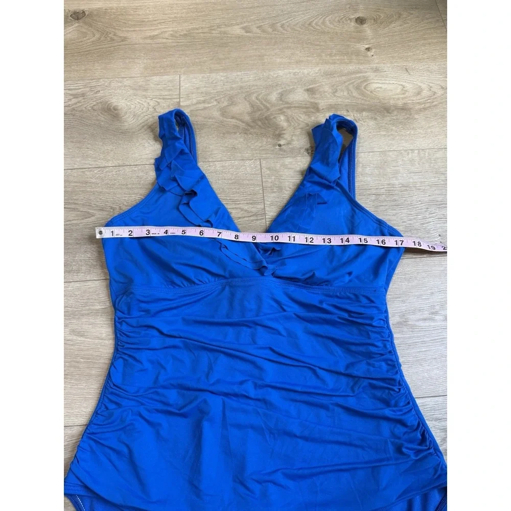 EUC Lauren Ralph Lauren‎ Ruffle Underwire Blue One Piece Tummy Ruched  Size 16